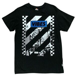 Southpole VIBES Black and Blue Graphic Shirt NWT Size Medium Chenille Patch